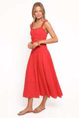 Enola Gather Midi Dress - Red