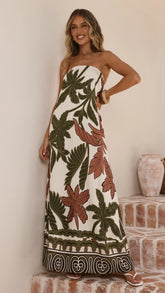 Connie Maxi Dress - Green/Beige Palm