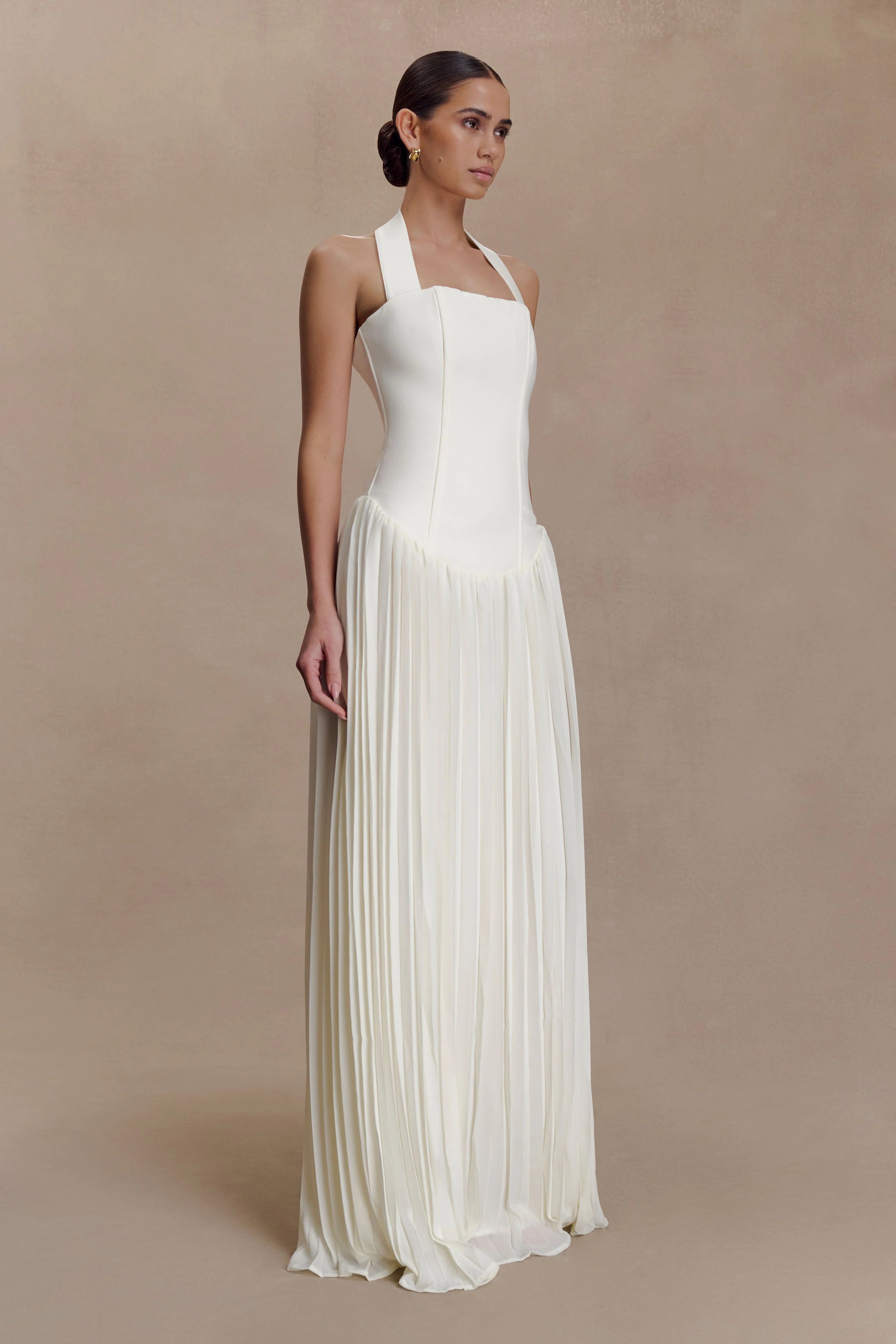 Stacie Pleated Halter Maxi Dress - Ivory