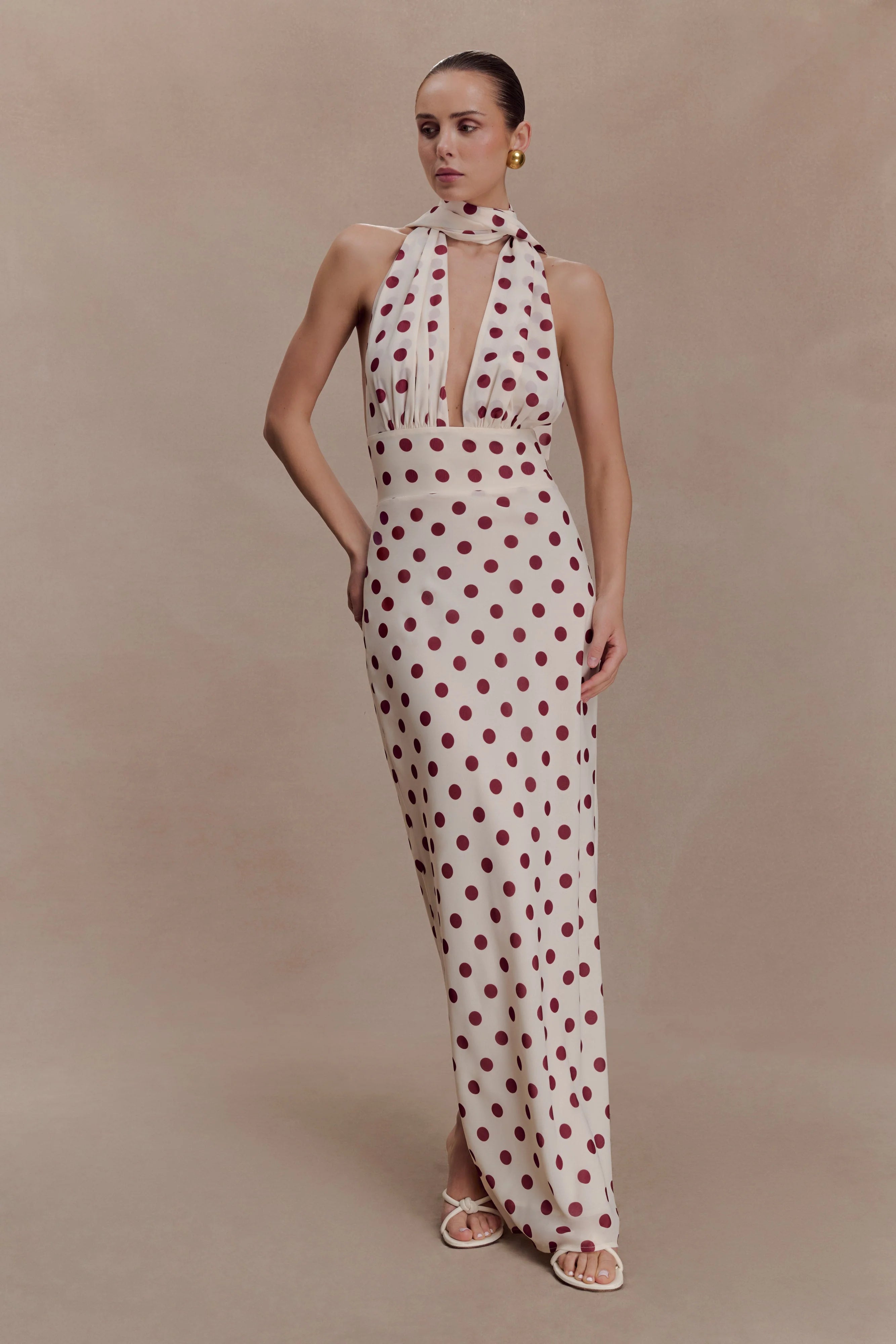 Nadine Halter Chiffon Maxi Dress - Ivory/Merlot Polka Dot