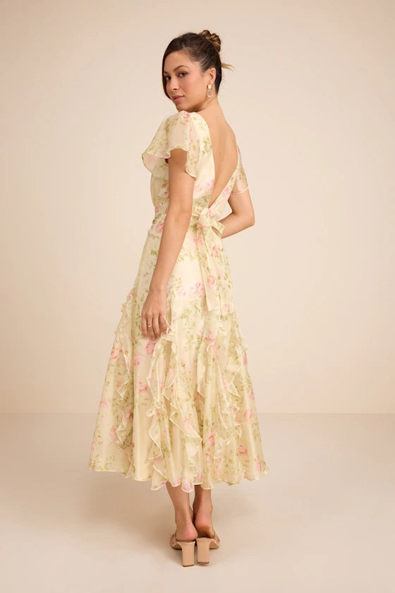 Deluca Light Green Floral Ruffled Midi Dress