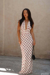 Nadine Halter Chiffon Maxi Dress - Ivory/Merlot Polka Dot
